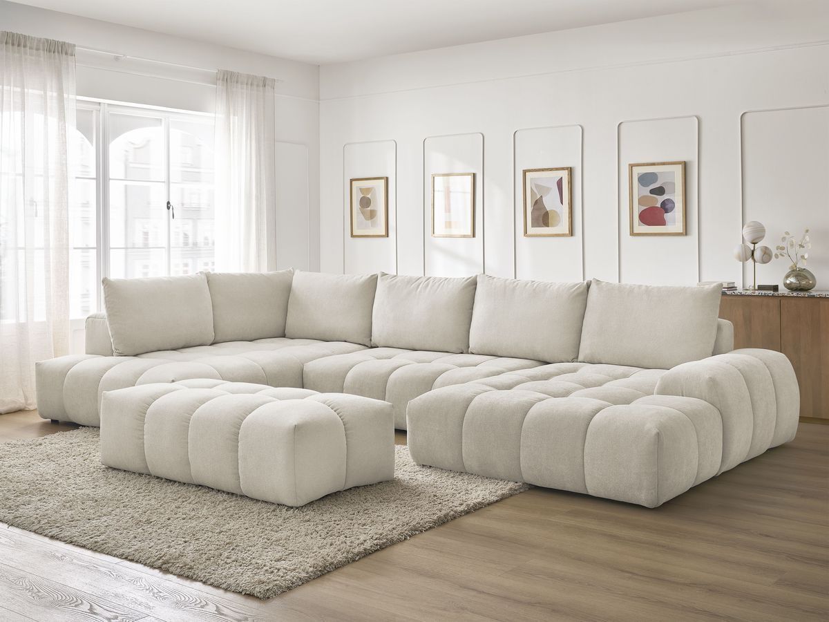 Canapé panoramique convertible coffre EVEREST tissu texturé avec pouf