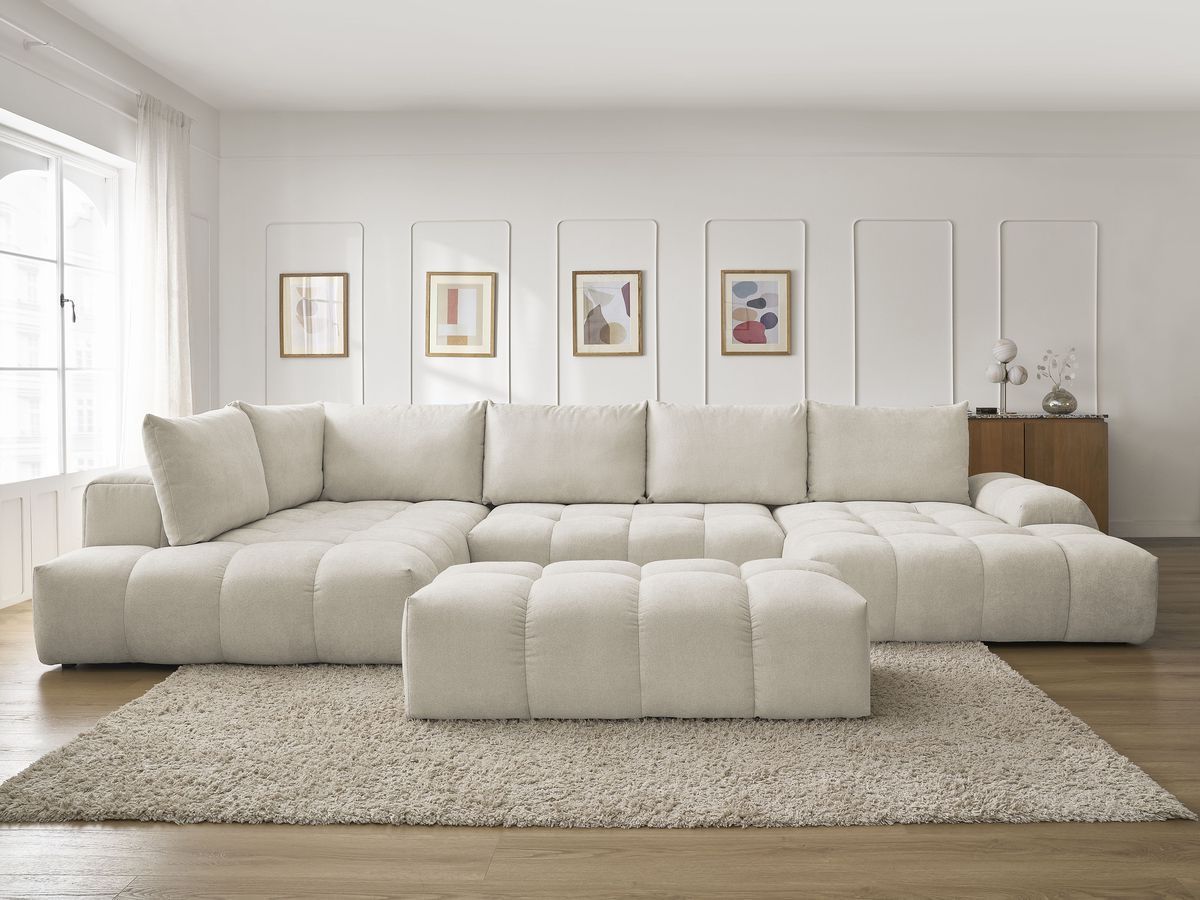Canapé panoramique convertible coffre EVEREST tissu texturé avec pouf