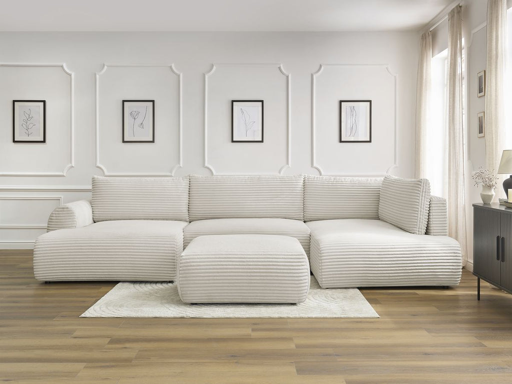 Canapé panoramique convertible coffre LUCIEN gros côtelé doux avec pouf