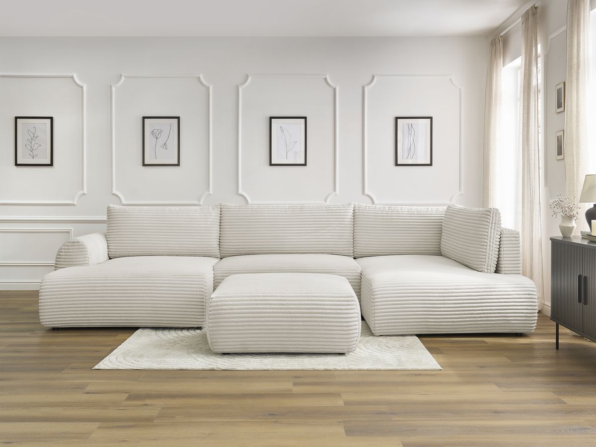 Canapé panoramique convertible coffre LUCIEN gros côtelé doux avec pouf