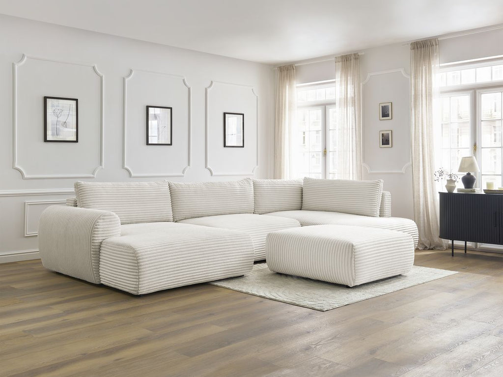 Canapé panoramique convertible coffre LUCIEN gros côtelé doux avec pouf