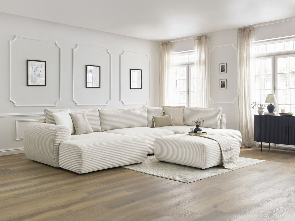 Canapé panoramique convertible coffre LUCIEN gros côtelé doux avec pouf