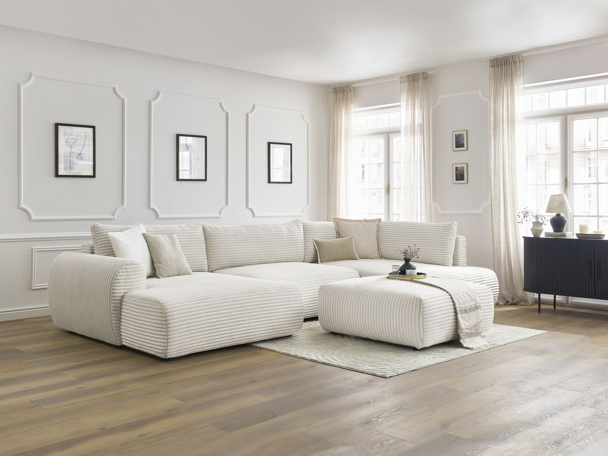Canapé panoramique convertible coffre LUCIEN gros côtelé doux avec pouf