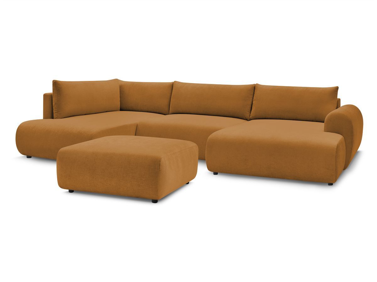 Canapé panoramique convertible coffre LUCIEN tissu lisse avec pouf