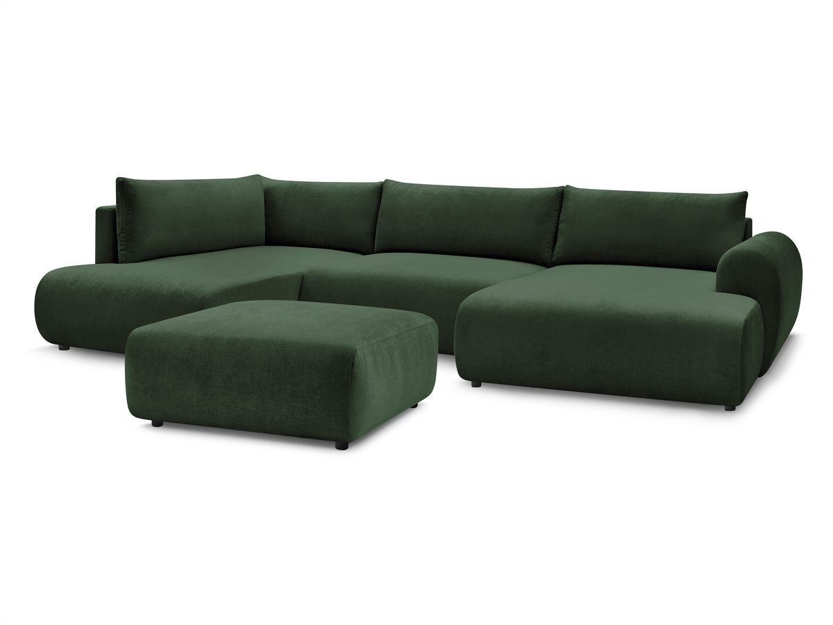 Canapé panoramique convertible coffre LUCIEN tissu lisse avec pouf