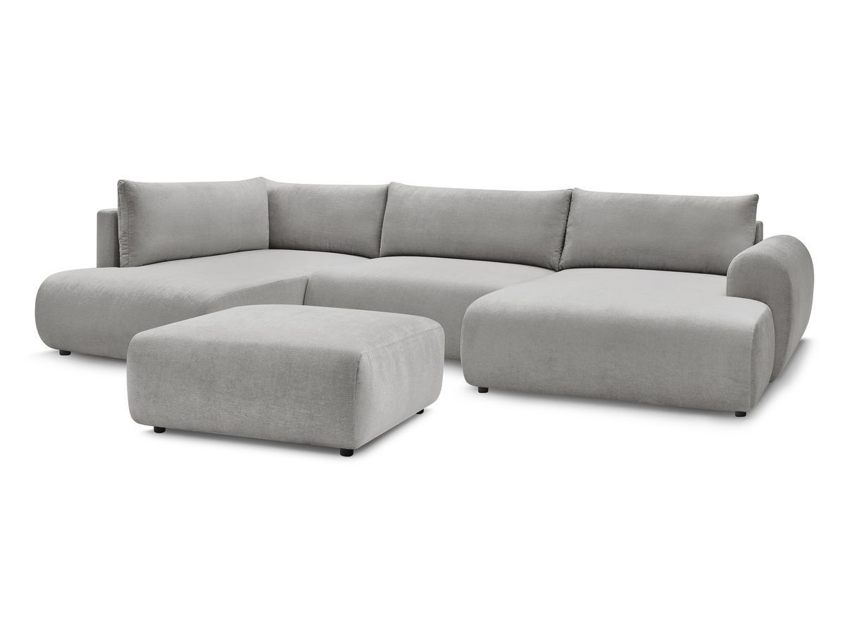 Canapé panoramique convertible coffre LUCIEN tissu lisse avec pouf
