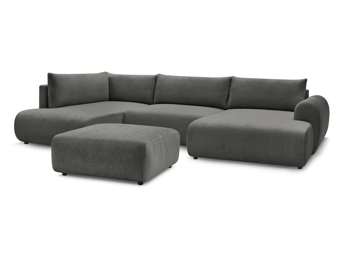 Canapé panoramique convertible coffre LUCIEN tissu lisse avec pouf