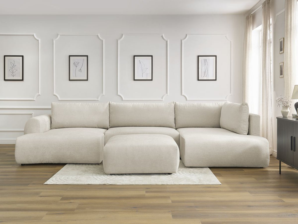 Canapé panoramique convertible coffre LUCIEN tissu lisse avec pouf