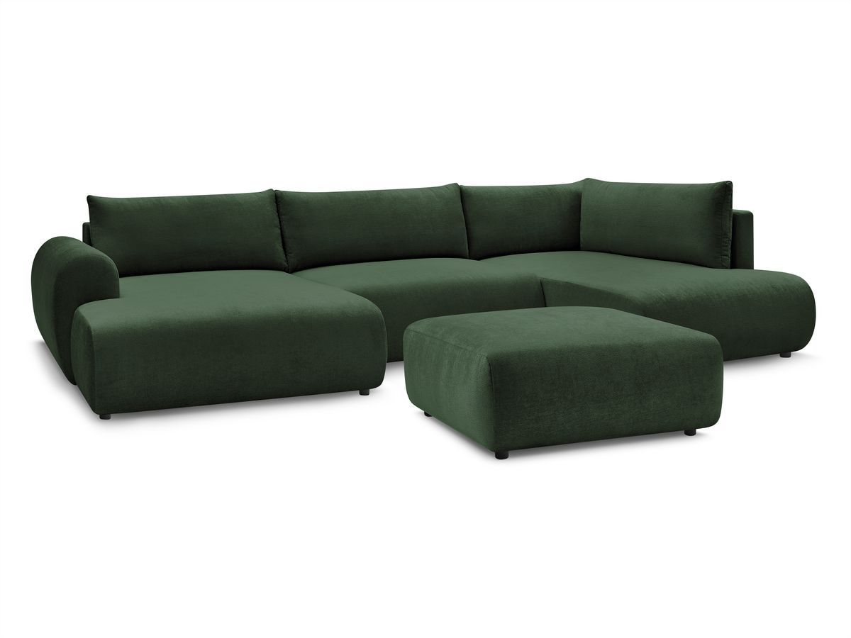 Canapé panoramique convertible coffre LUCIEN tissu lisse avec pouf