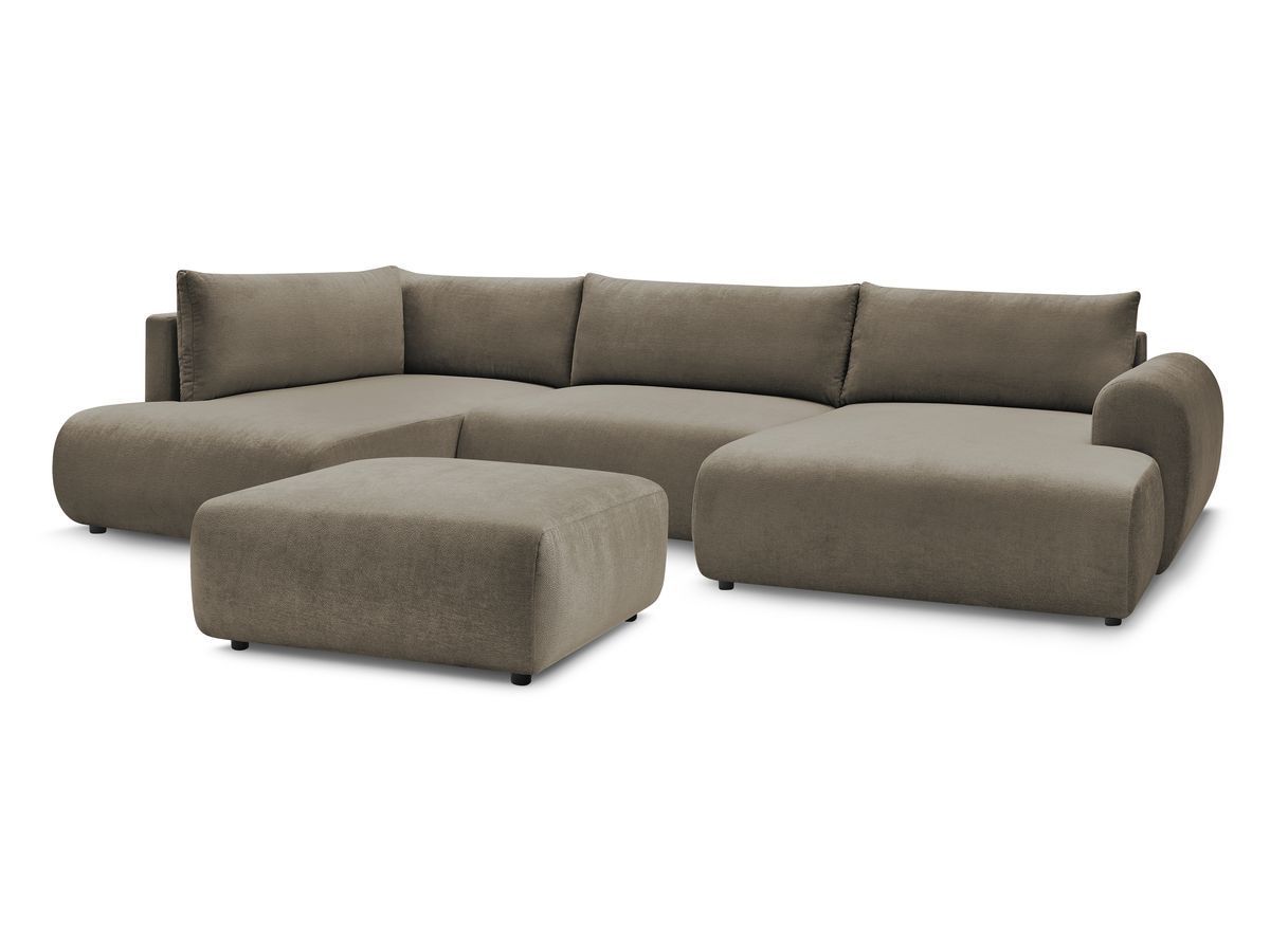 Canapé panoramique convertible coffre LUCIEN tissu lisse avec pouf