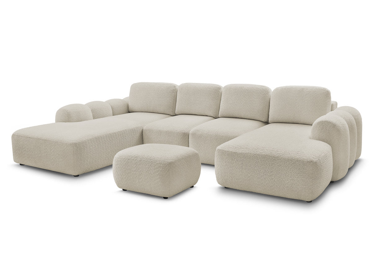 Canapé panoramique convertible coffre MONTAIGNE tissu bouclette avec pouf