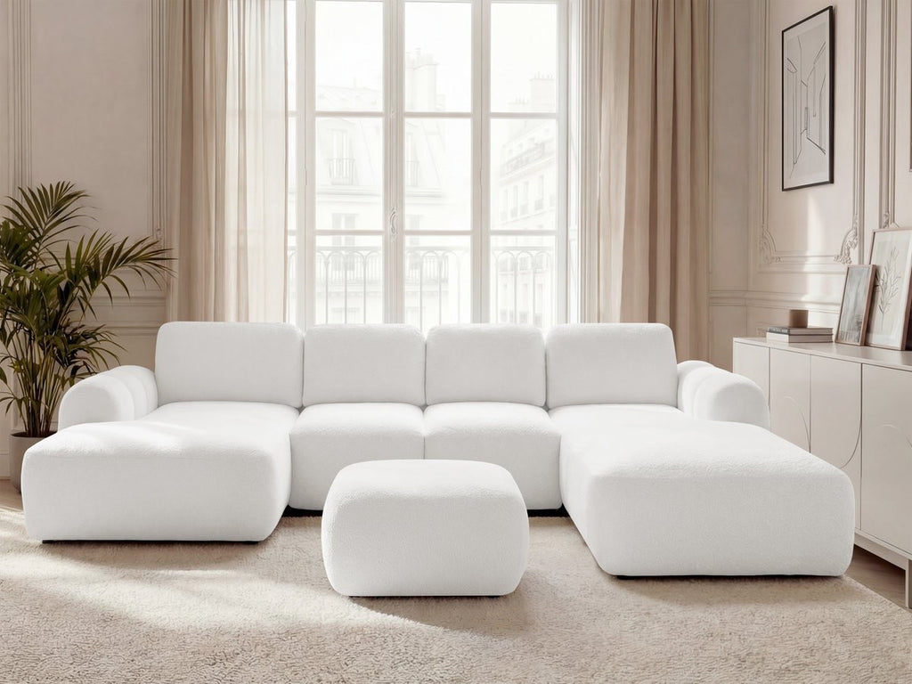 Canapé panoramique convertible coffre MONTAIGNE tissu bouclette avec pouf