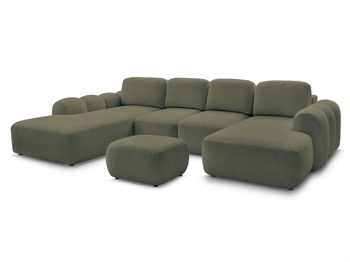 Canapé panoramique convertible coffre MONTAIGNE tissu bouclette avec pouf