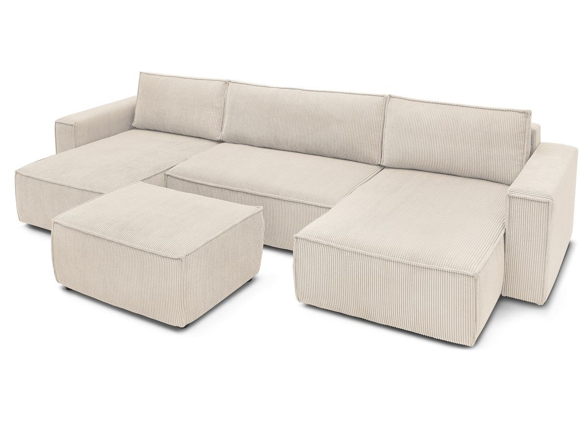 Canapé panoramique convertible coffre NIHAD velours côtelé avec pouf
