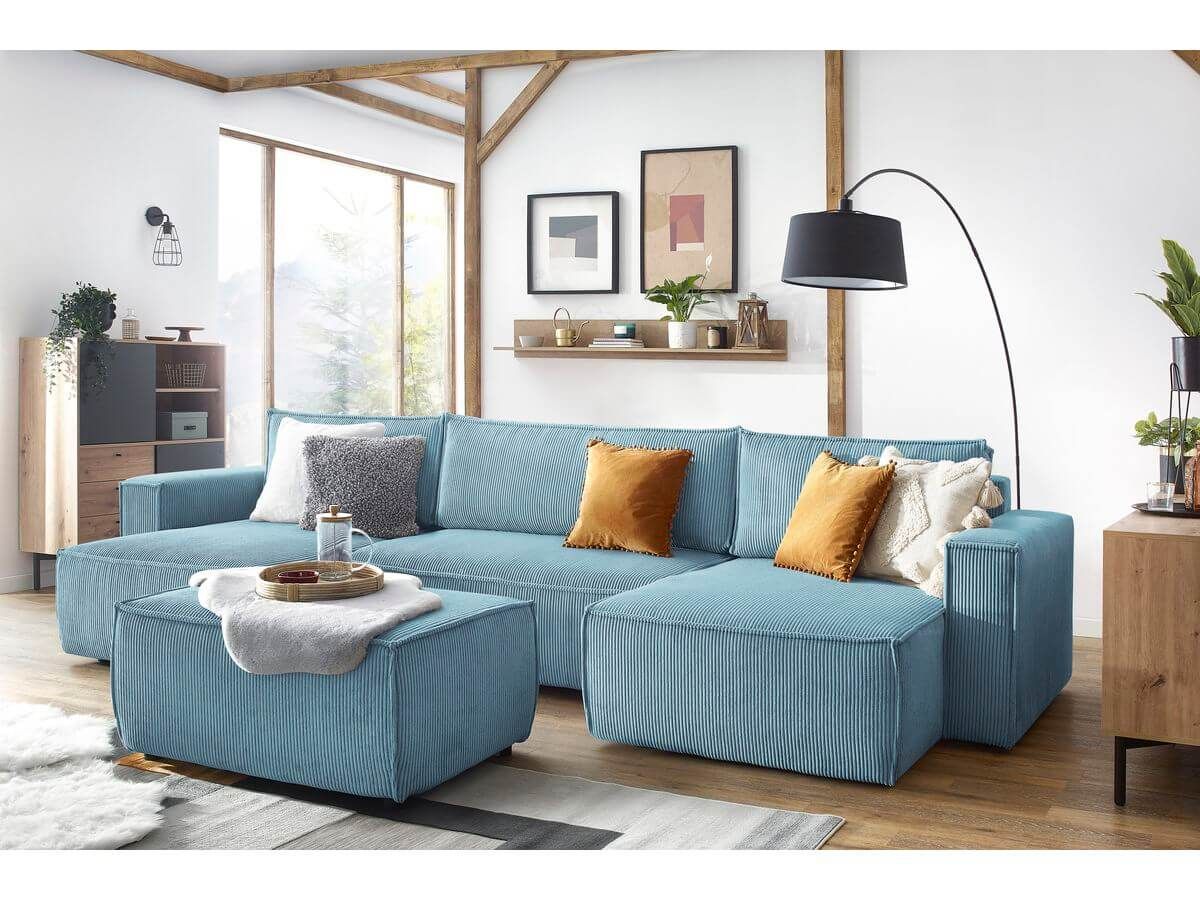 Canapé panoramique convertible coffre NIHAD velours côtelé avec pouf