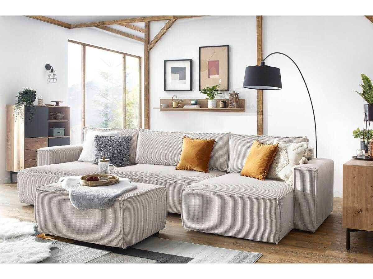 Canapé panoramique convertible coffre NIHAD velours côtelé avec pouf