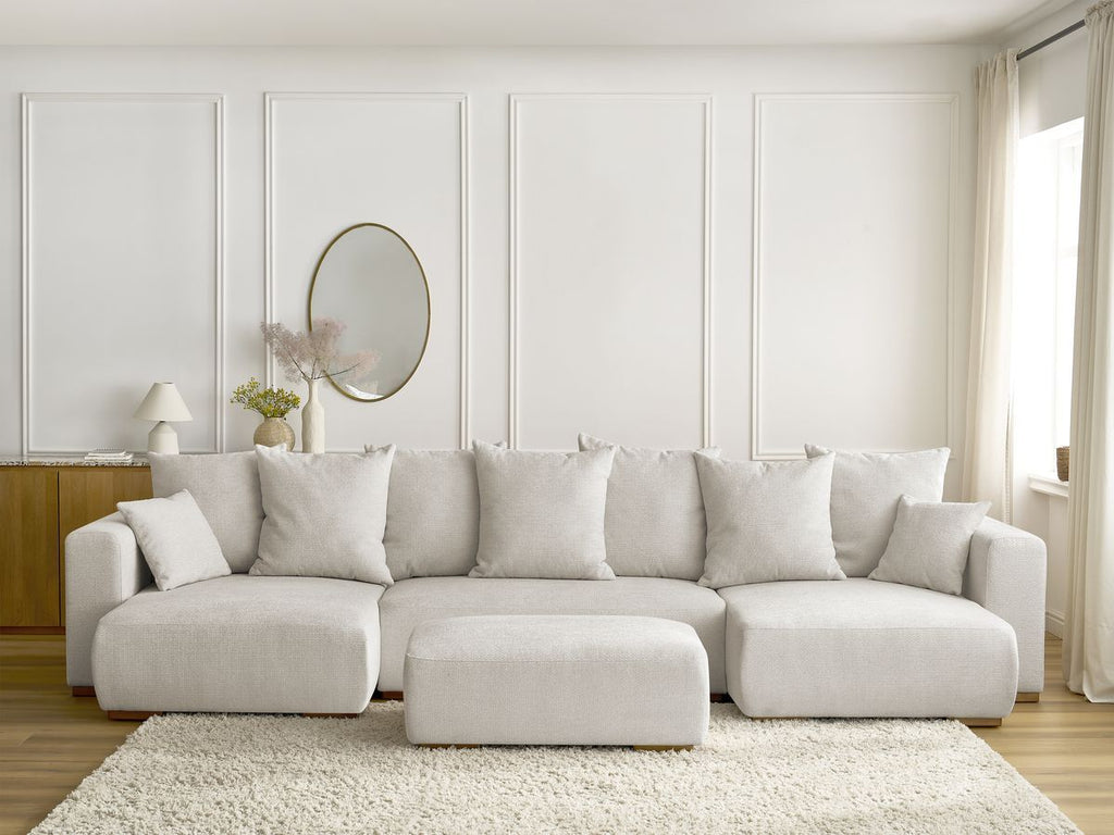 Canapé panoramique convertible coffre SIDONIE tissu chiné avec pouf
