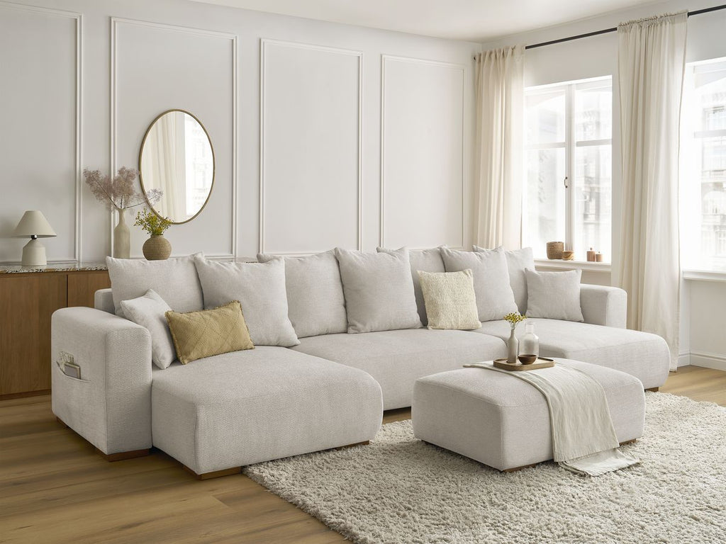 Canapé panoramique convertible coffre SIDONIE tissu chiné avec pouf