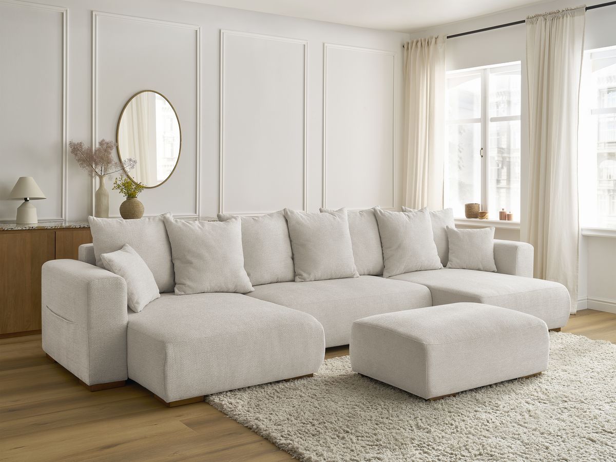 Canapé panoramique convertible coffre SIDONIE tissu chiné avec pouf