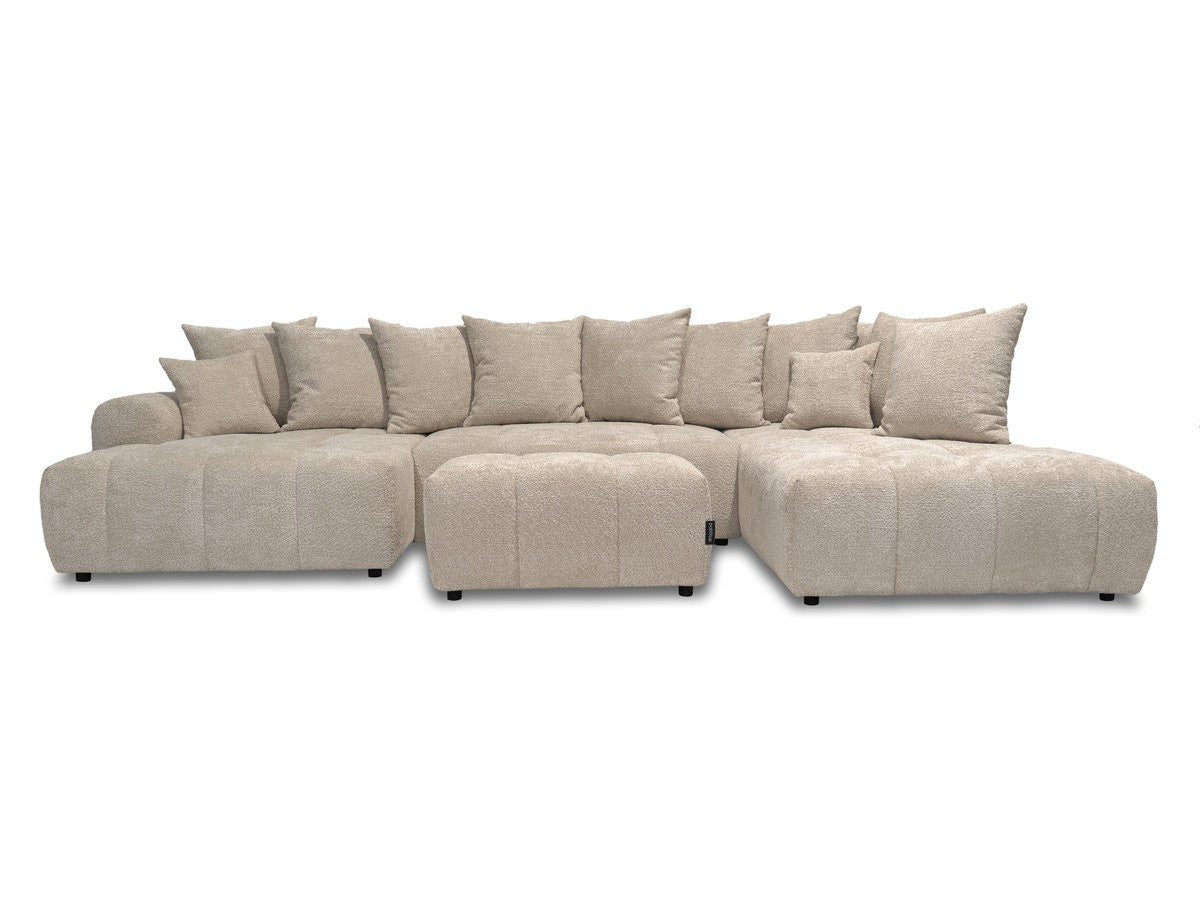 Canapé panoramique convertible ROXELANE tissu bouclette avec pouf