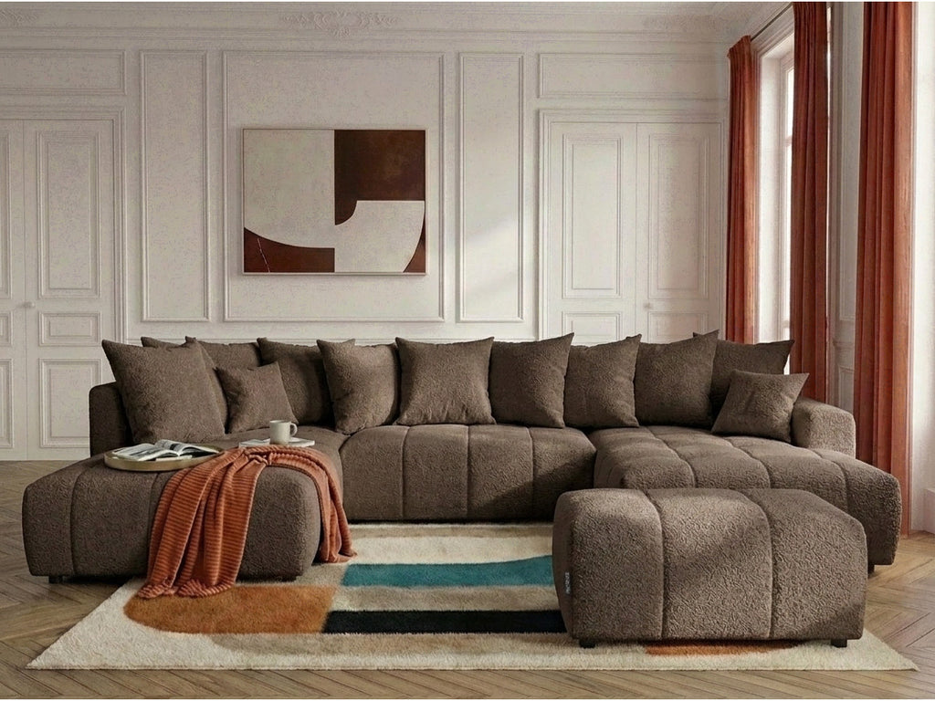 Canapé panoramique convertible ROXELANE tissu bouclette avec pouf