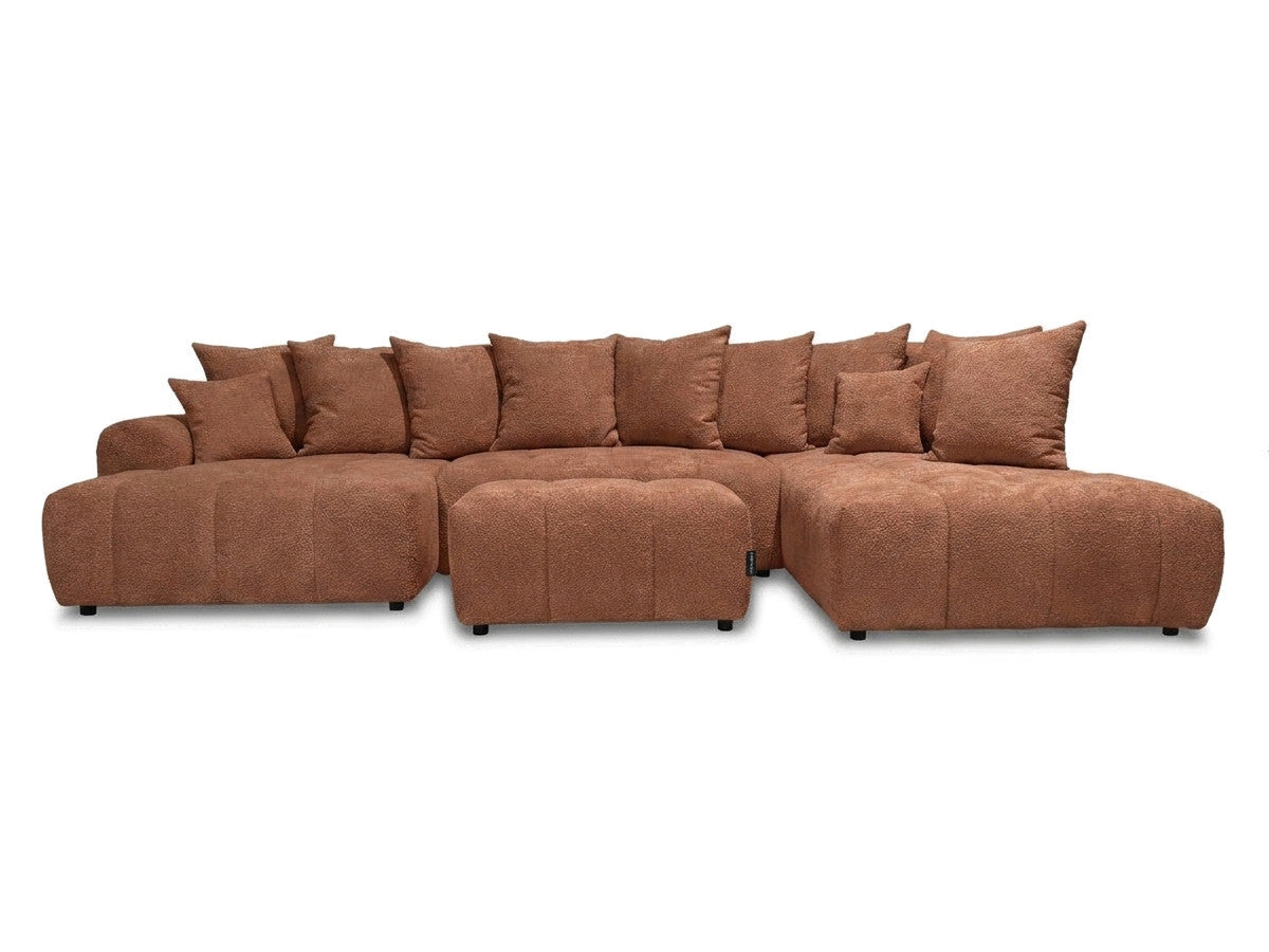 Canapé panoramique convertible ROXELANE tissu bouclette avec pouf