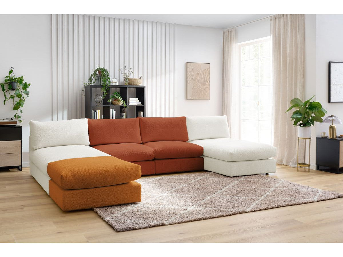 Canapé panoramique fixe 100% modulable PARIS tissu bouclette avec 2 chauffeuses, 2 méridiennes, 1 pouf