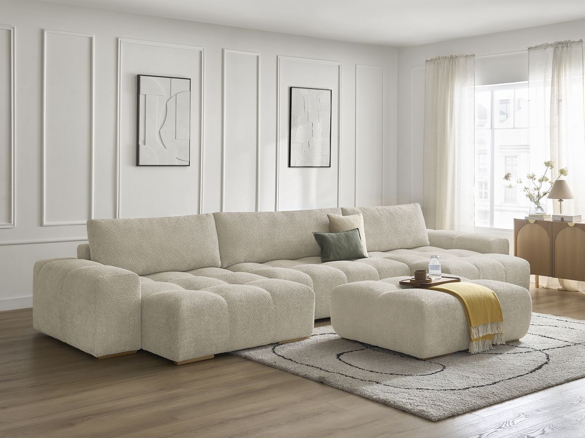 Canapé panoramique fixe ANAKIN tissu bouclette avec pouf