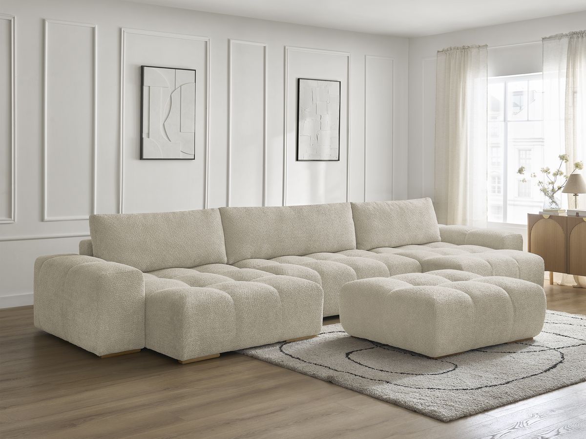 Canapé panoramique fixe ANAKIN tissu bouclette avec pouf
