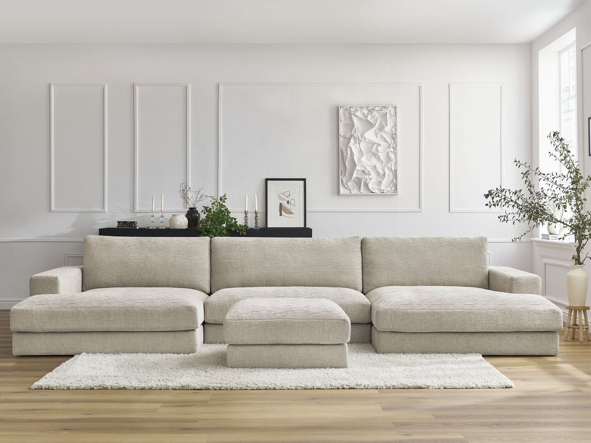 Canapé panoramique fixe compact LEONARD tissu texturé avec pouf