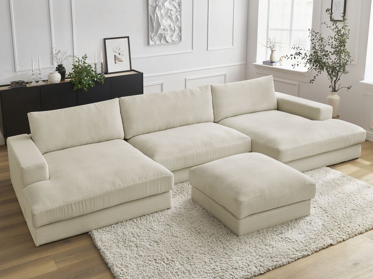 Canapé panoramique fixe compact LEONARD velours côtelé avec pouf