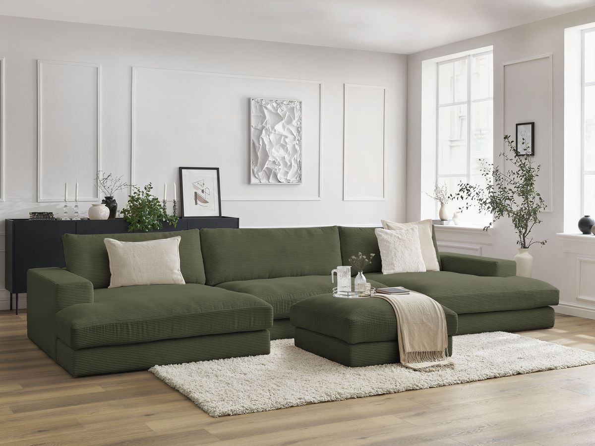 Canapé panoramique fixe compact LEONARD velours côtelé avec pouf