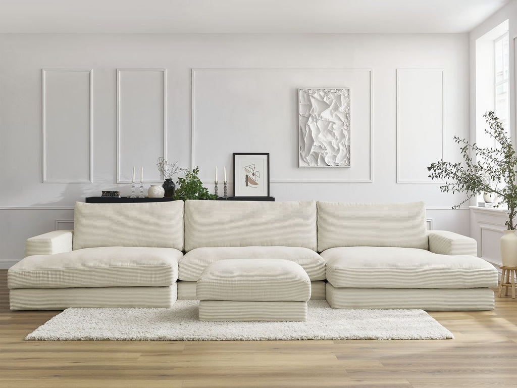 Canapé panoramique fixe compact LEONARD velours côtelé avec pouf