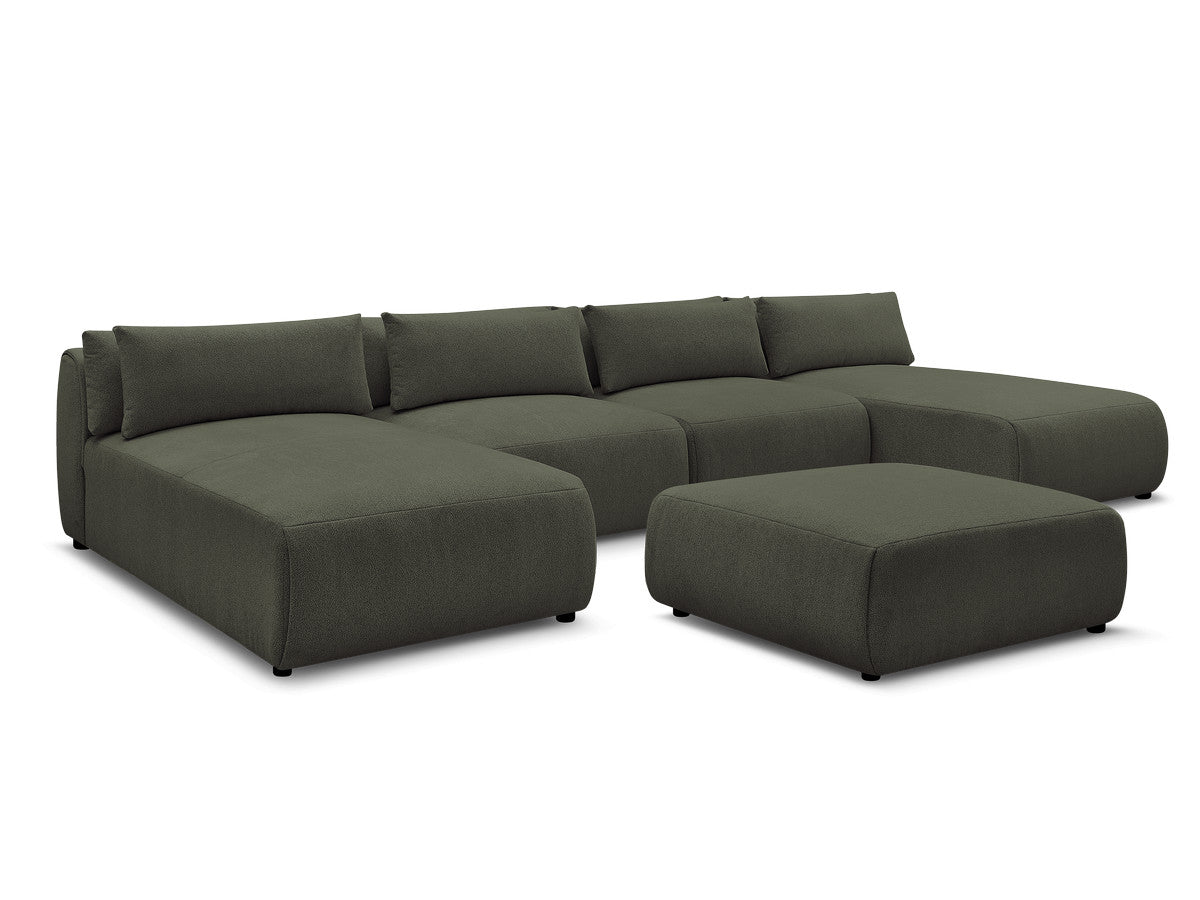 Canapé panoramique fixe modulable avec têtières JANA tissu chiné avec 2 méridiennes, 2 chauffeuses et 1 grand pouf
