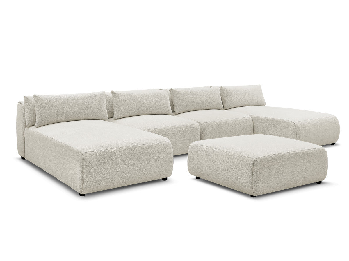 Canapé panoramique fixe modulable avec têtières JANA tissu chiné avec 2 méridiennes, 2 chauffeuses et 1 grand pouf