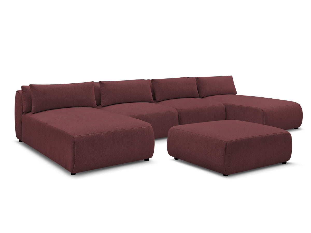 Canapé panoramique fixe modulable avec têtières JANA tissu chiné avec 2 méridiennes, 2 chauffeuses et 1 grand pouf