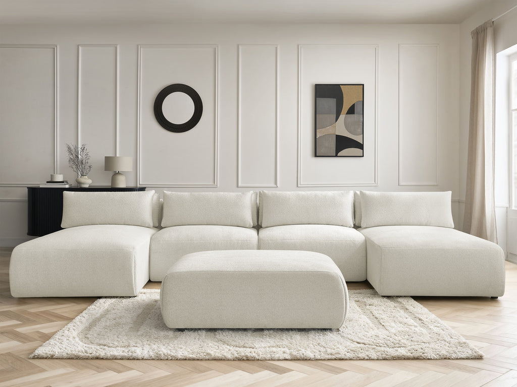 Canapé panoramique fixe modulable avec têtières JANA tissu chiné avec 2 méridiennes, 2 chauffeuses et 1 grand pouf