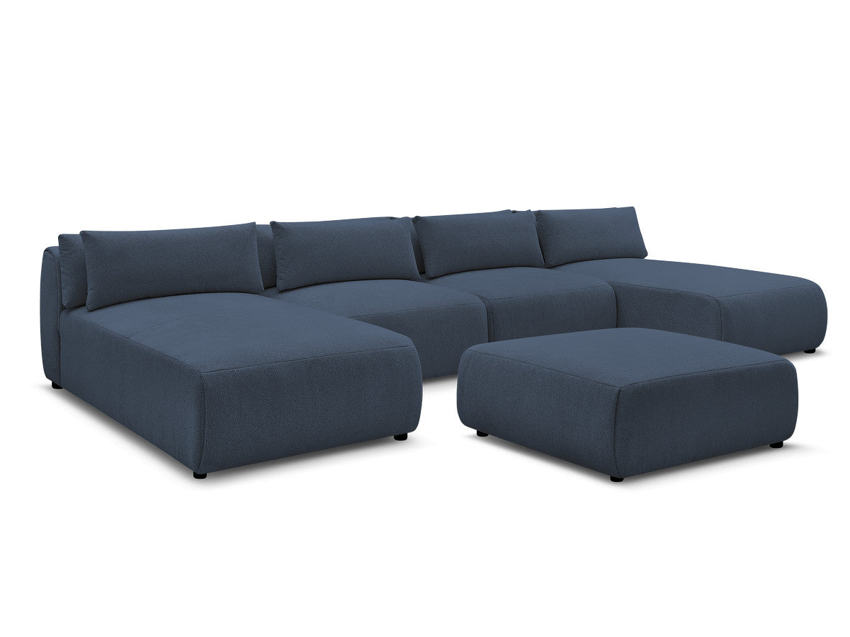 Canapé panoramique fixe modulable avec têtières JANA tissu chiné avec 2 méridiennes, 2 chauffeuses et 1 grand pouf