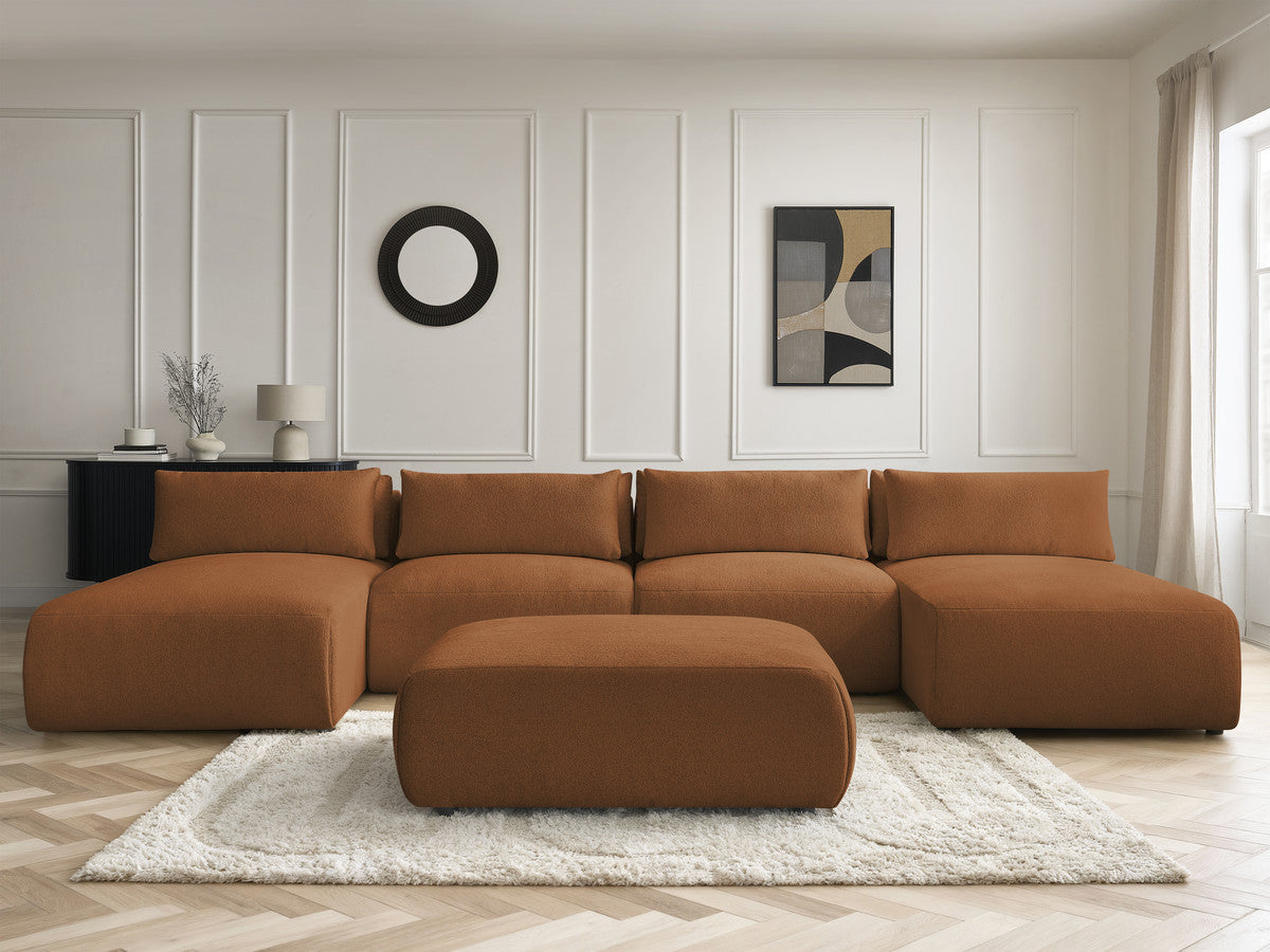 Canapé panoramique fixe modulable avec têtières JANA tissu chiné avec 2 méridiennes, 2 chauffeuses et 1 grand pouf