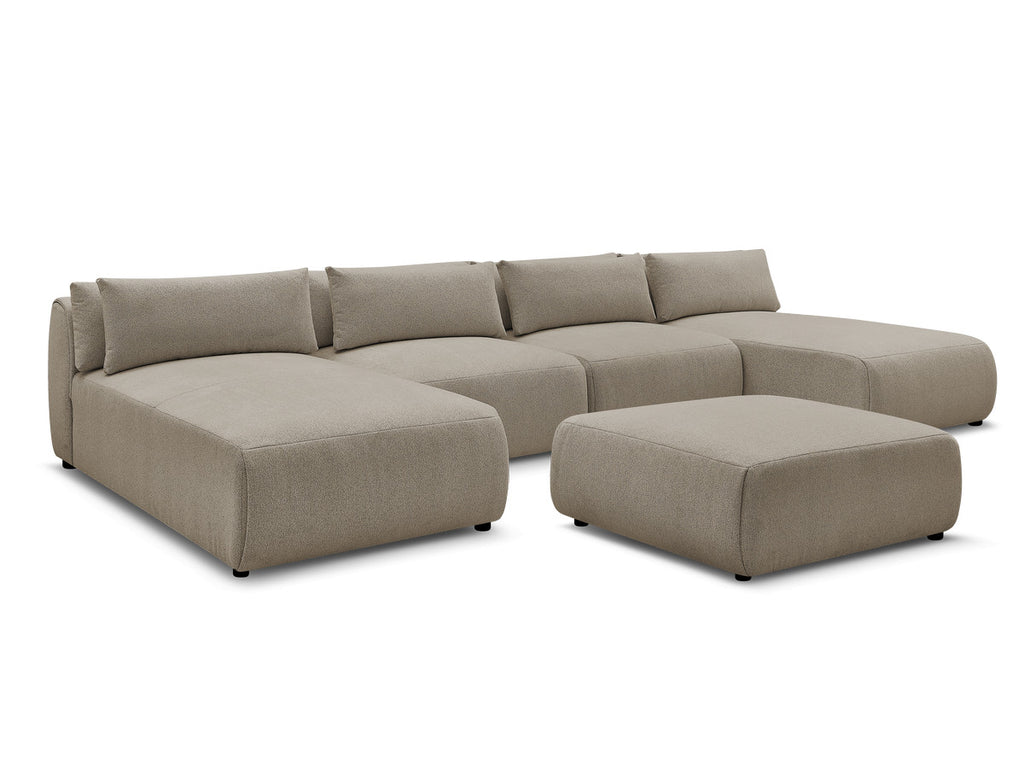 Canapé panoramique fixe modulable avec têtières JANA tissu chiné avec 2 méridiennes, 2 chauffeuses et 1 grand pouf