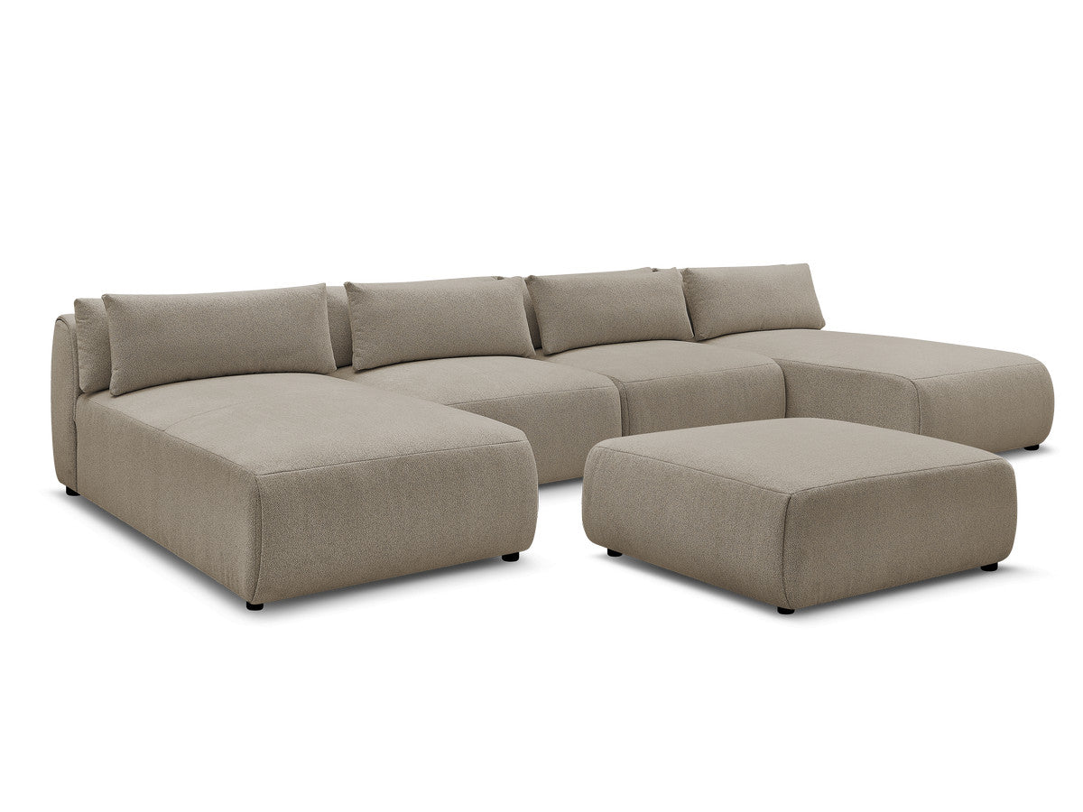 Canapé panoramique fixe modulable avec têtières JANA tissu chiné avec 2 méridiennes, 2 chauffeuses et 1 grand pouf