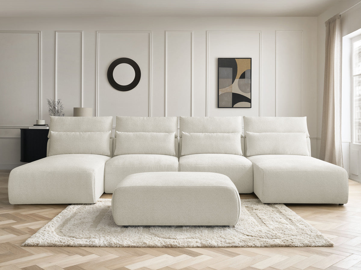 Canapé panoramique fixe modulable avec têtières JANA tissu chiné avec 2 méridiennes, 2 chauffeuses et 1 grand pouf