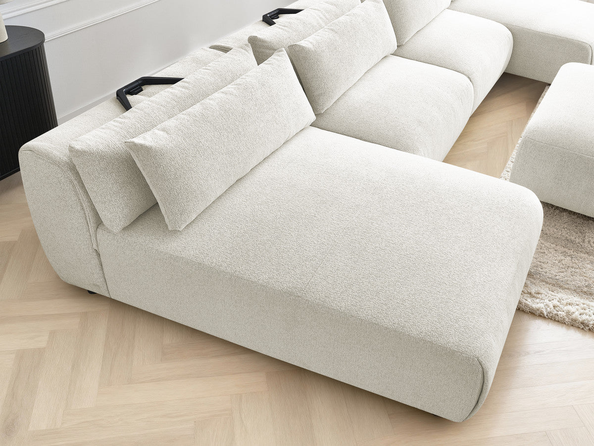 Canapé panoramique fixe modulable avec têtières JANA tissu chiné avec 2 méridiennes, 2 chauffeuses et 1 grand pouf