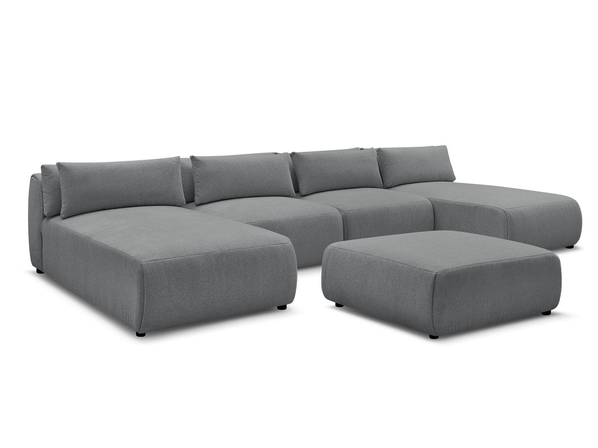 Canapé panoramique fixe modulable avec têtières JANA tissu chiné avec 2 méridiennes, 2 chauffeuses et 1 grand pouf