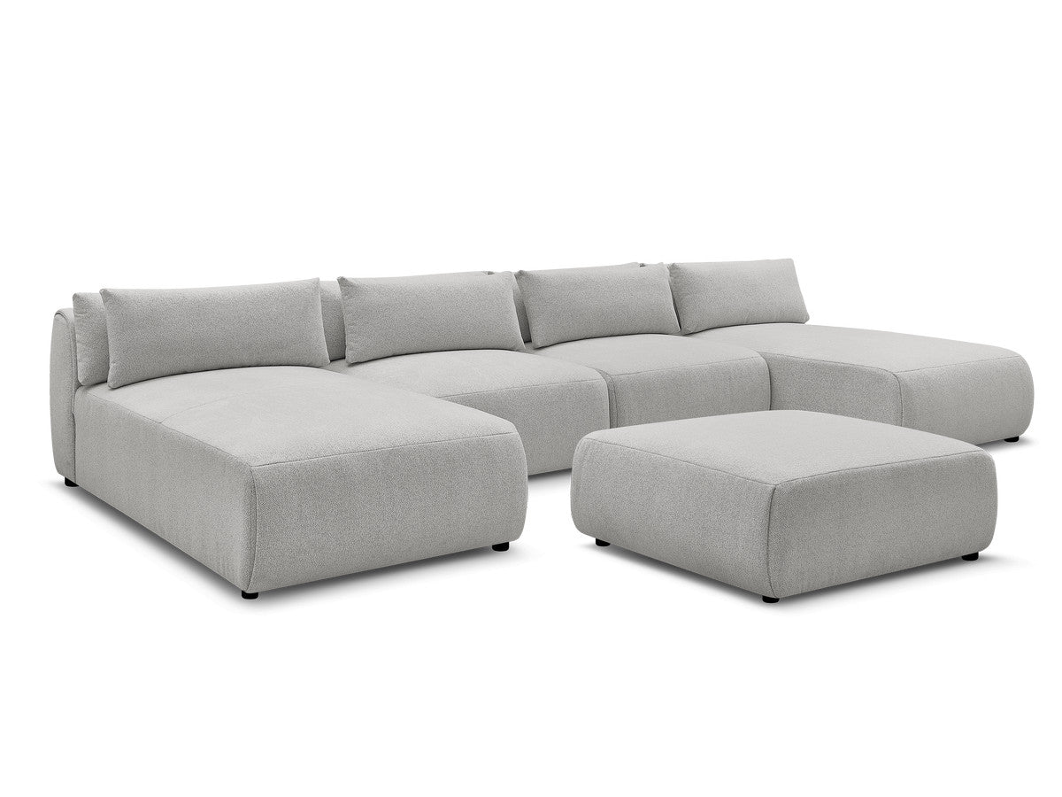 Canapé panoramique fixe modulable avec têtières JANA tissu chiné avec 2 méridiennes, 2 chauffeuses et 1 grand pouf