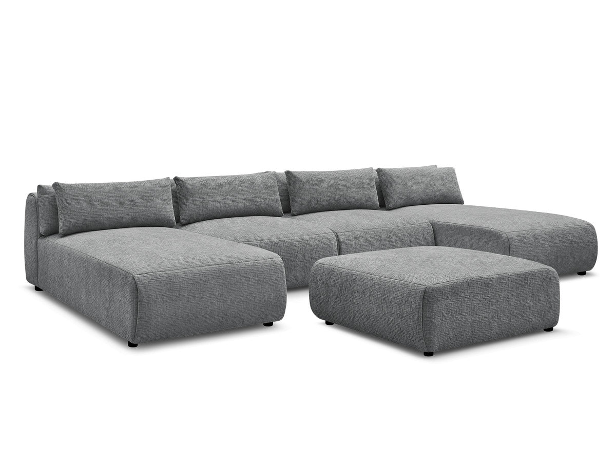 Canapé panoramique fixe modulable avec têtières JANA tissu texturé avec 2 méridiennes, 2 chauffeuses et 1 grand pouf