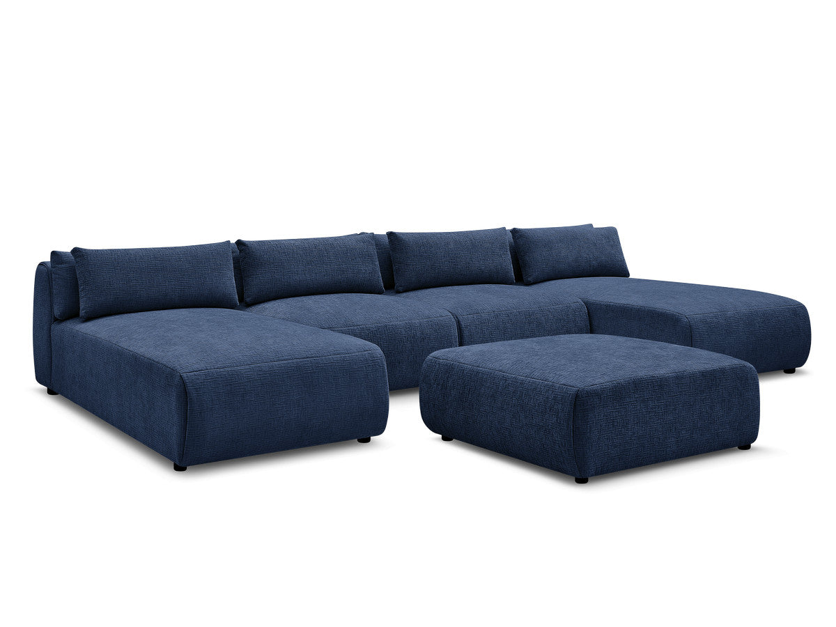 Canapé panoramique fixe modulable avec têtières JANA tissu texturé avec 2 méridiennes, 2 chauffeuses et 1 grand pouf