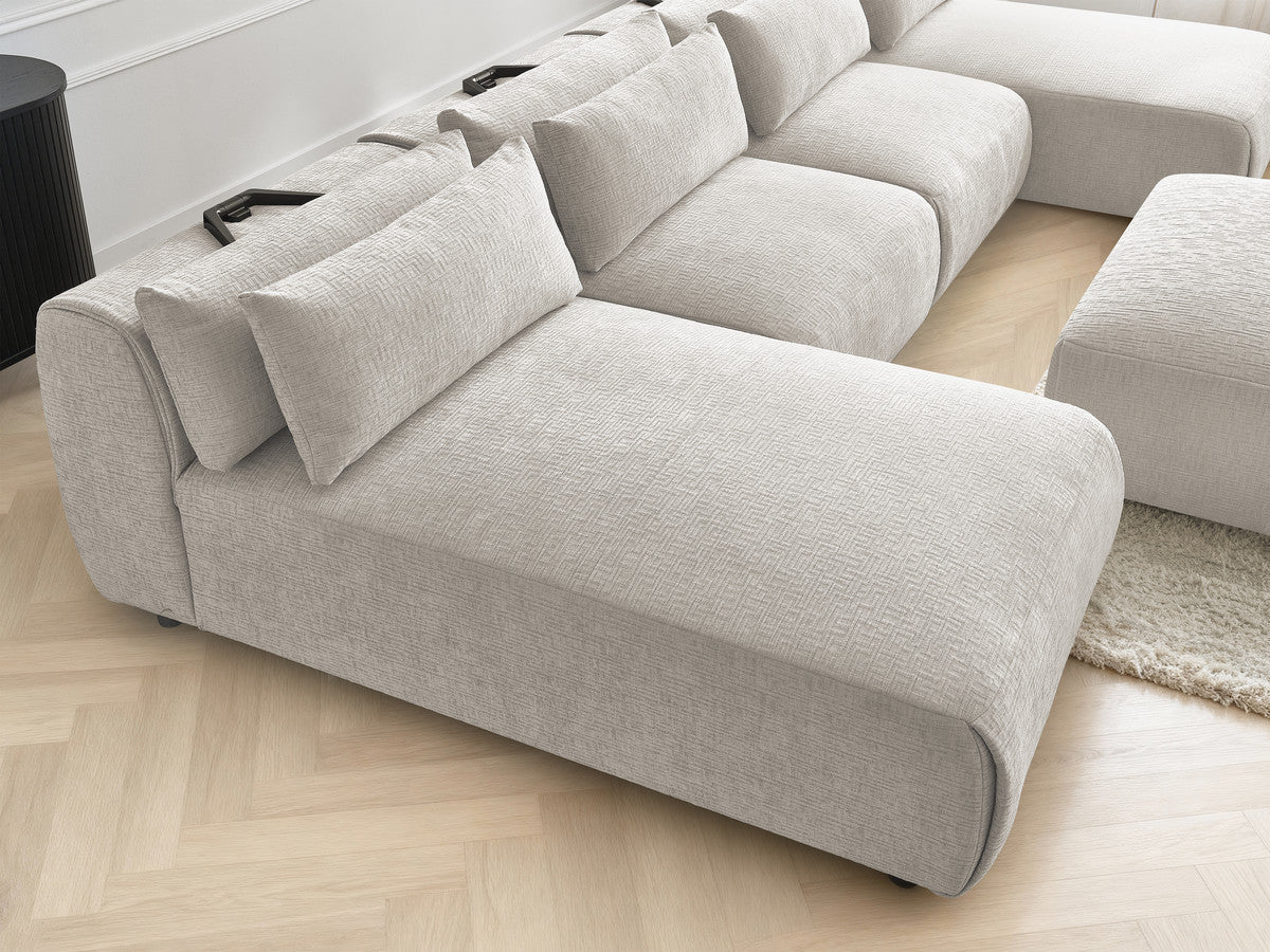 Canapé panoramique fixe modulable avec têtières JANA tissu texturé avec 2 méridiennes, 2 chauffeuses et 1 grand pouf