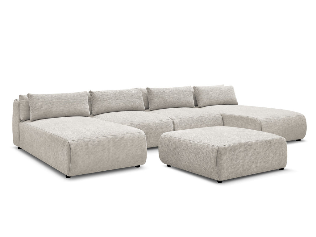 Canapé panoramique fixe modulable avec têtières JANA tissu texturé avec 2 méridiennes, 2 chauffeuses et 1 grand pouf