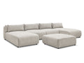 Canapé panoramique fixe modulable avec têtières JANA tissu texturé avec 2 méridiennes, 2 chauffeuses et 1 grand pouf